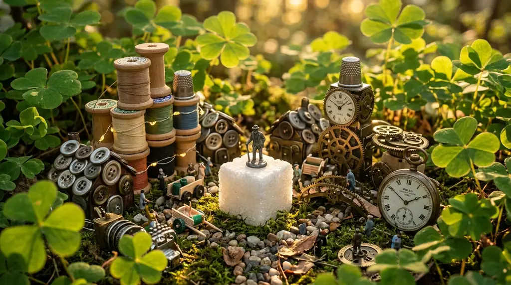 Macro view of clockwork town in clovers