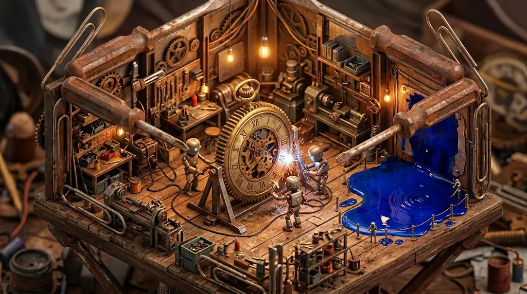 Blueprints and giant tools forming the Brass Forge